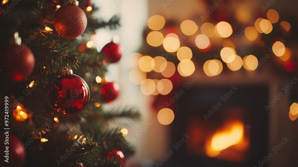 Christmas home room with tree and fireplace and festive bokeh lighting, blurred holiday background. Cosy home Xmas banner concept with bonfire. With copy space for text Christmas home room with tree and fireplace and festive bokeh lighting, blurred holiday background. Cosy home Xmas banner concept with bonfire. With copy space for text