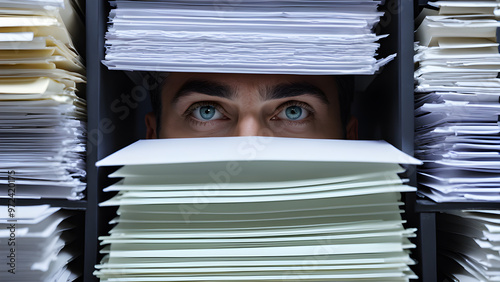 Businessman in office hiding face behind files, closeup of head