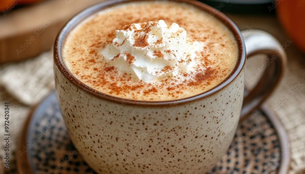 Close-up of a mug filled with pumpkin spice latte topped with whipped cream and cinnamon Close-up of a mug filled with pumpkin spice latte topped with whipped cream and cinnamon