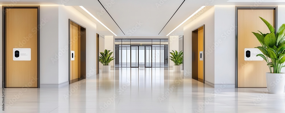 Obraz premium Modern hallway featuring elevators and vibrant plants, designed for a contemporary office or commercial building.