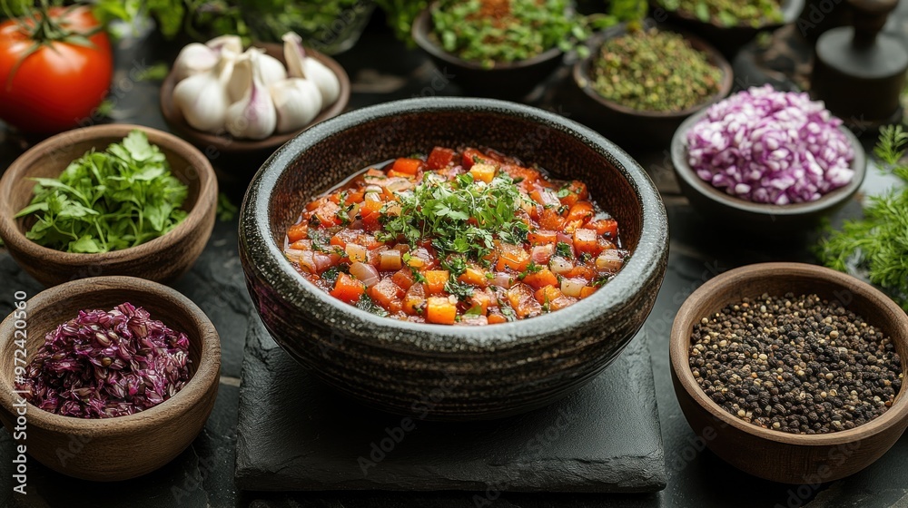 A vibrant bowl of salsa surrounded by fresh ingredients and herbs. A vibrant bowl of salsa surrounded by fresh ingredients and herbs.