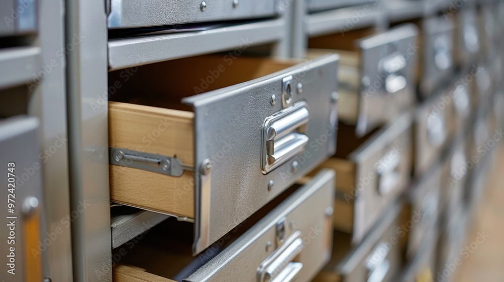 Filing Cabinet: A robust metal cabinet featuring several deep drawers, designed to keep important documents and files neatly organized and secure.
Filing Cabinet: A robust metal cabinet featuring several deep drawers, designed to keep important documents and files neatly organized and secure.