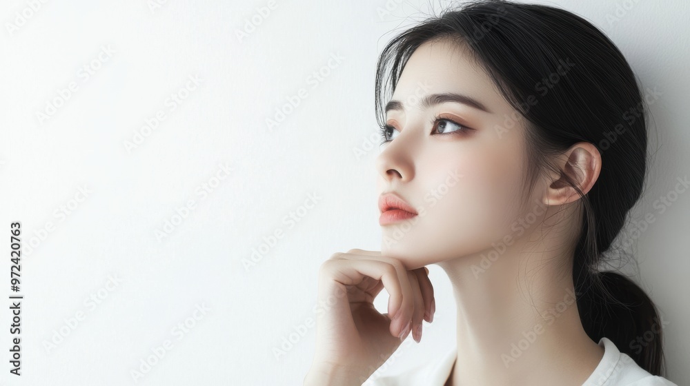 Minimalist shot of a Japanese female model in a thinking pose, white background with space Minimalist shot of a Japanese female model in a thinking pose, white background with space