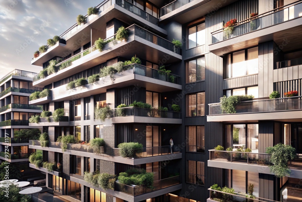 A modern apartment building with unique architecture and lush greenery on balconies. A modern apartment building with unique architecture and lush greenery on balconies.