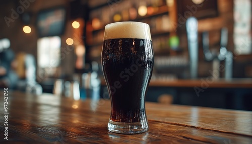 A Glass of Dark Beer on a Wooden Bar Counter photo