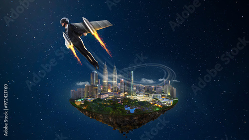 Photography Businessman flying with jetpack over kuala lumpur city on a floating island