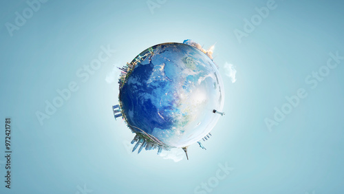 Fototapeta Naklejka Na Ścianę i Meble -  Planet earth showing world famous landmarks and skyscrapers. Mixed media photo manipulation