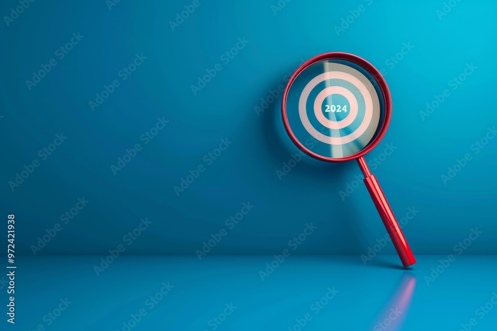 Magnifying Glass with Target Icon and 2024 Text for New Year Goals. Magnifying Glass with Target Icon and 2024 Text for New Year Goals.