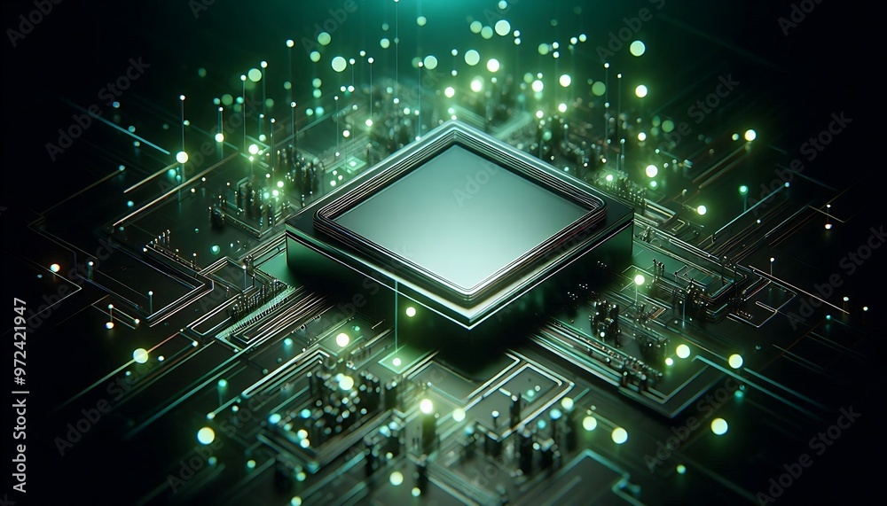 A computer chip with a green background. The chip is the center of the image A computer chip with a green background. The chip is the center of the image