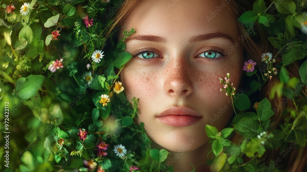 Close-up portrait of a young woman with freckles and blue eyes, lying in a field of flowers. Close-up portrait of a young woman with freckles and blue eyes, lying in a field of flowers.