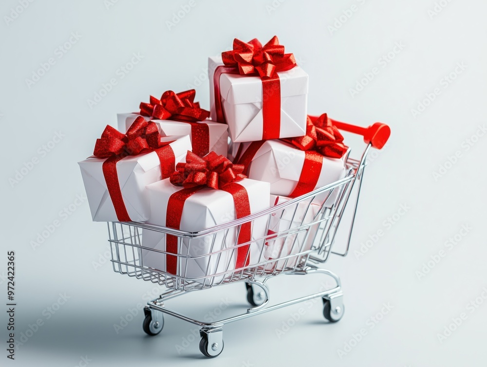 Shopping cart full of white gift boxes with red ribbons on light background Shopping cart full of white gift boxes with red ribbons on light background