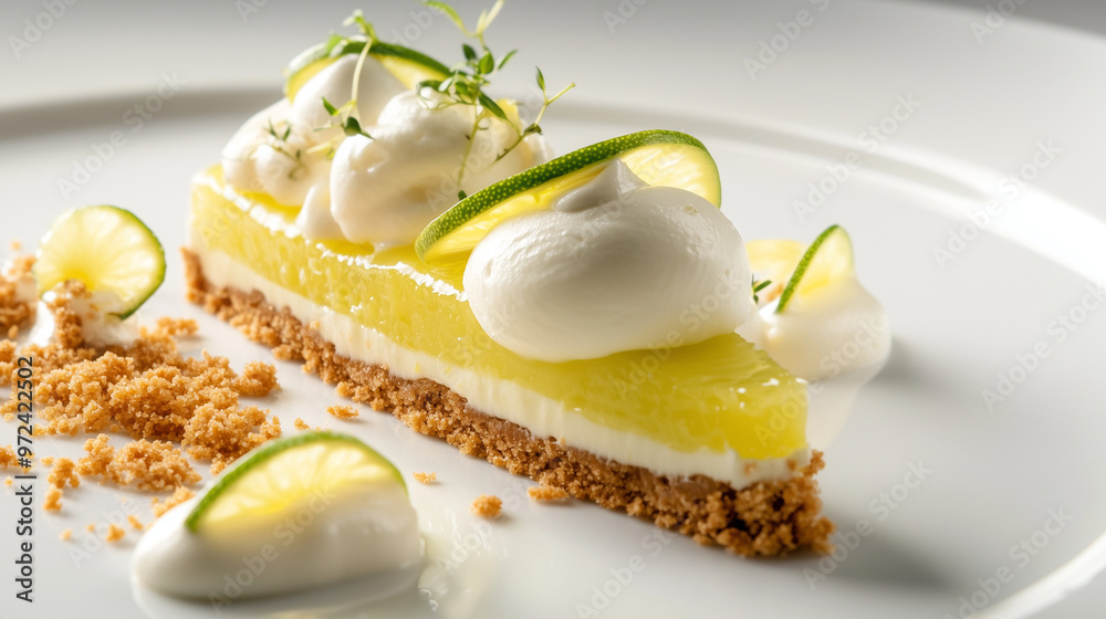A creative dessert featuring lemon cream on a crumbly base, topped with lime slices and delicate whipped cream A creative dessert featuring lemon cream on a crumbly base, topped with lime slices and delicate whipped cream