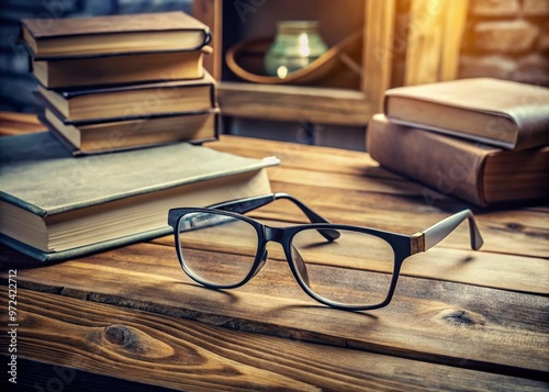 A pair of elegant, rectangular-framed glasses perched on the edge of a worn, wooden desk, surrounded by scattered