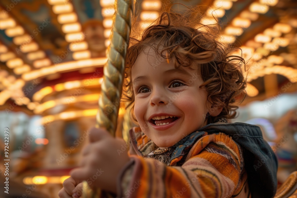 A child rides a carousel in an amusement park, the atmosphere of a holiday and glowing lights. Concept childhood, family, traditions A child rides a carousel in an amusement park, the atmosphere of a holiday and glowing lights. Concept childhood, family, traditions