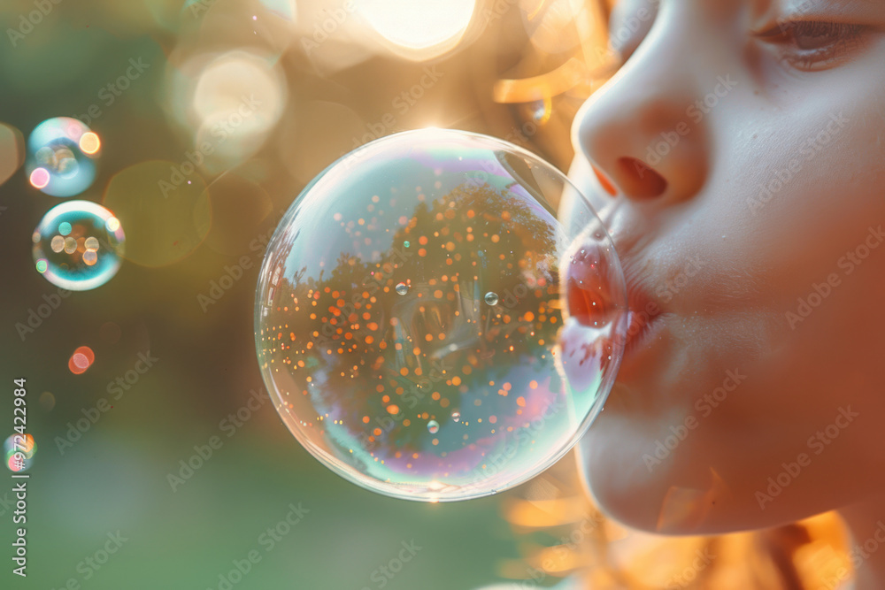 a child blowing bubbles close up