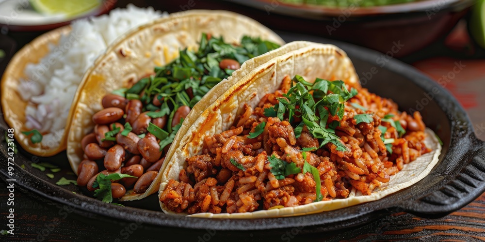 Red Sauce Pork Rinds Taco accompanied by rice and refried beans, a traditional dish from the well-loved Tacos de Guisado selection. Red Sauce Pork Rinds Taco accompanied by rice and refried beans, a traditional dish from the well-loved Tacos de Guisado selection.