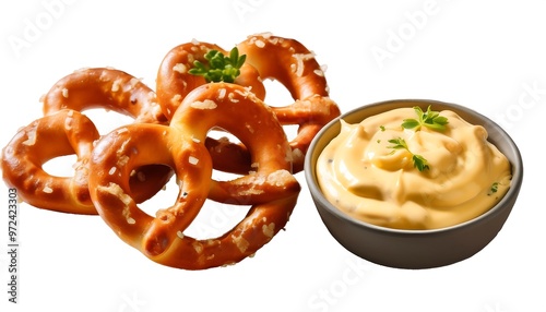 Freshly baked pretzels, soft and golden brown with a shiny glaze, arranged on a white surface, accompanied by a small bowl filled with a creamy white dipping sauce, possibly beer cheese or mustard sau photo