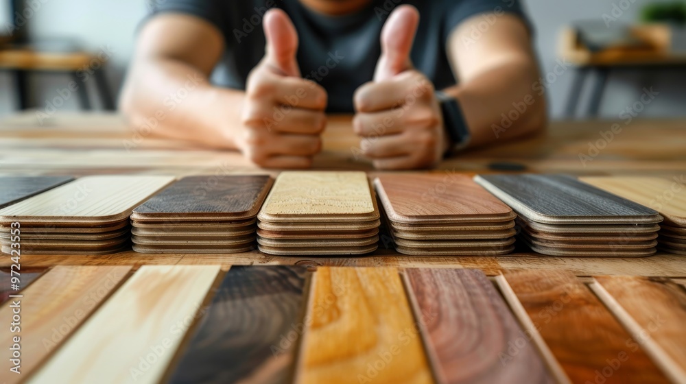 Worker displays thumbs up with wooden flooring samples indoors in a close up shot