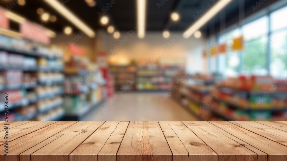 Wooden Tabletop in Front of Blurred Supermarket Aisle - Retail Store Shelf Background with blur background 