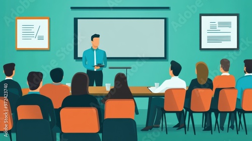 Modern flat design of a business training session with colleagues listening to a coach