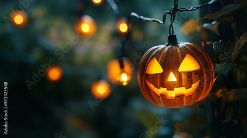 Halloween string lights featuring a carved pumpkin design, glowing in warm tones against an out-of-focus background of greenery and trees. The lights create a spooky yet inviting a