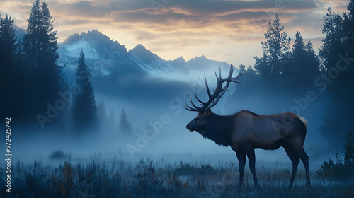 A majestic elk standing in a misty mountain meadow