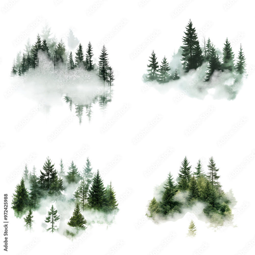 Obraz premium Set of Evergreen Conifer Trees in Various Styles Isolated on Transparent Background