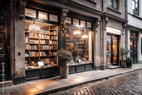 A quiet bookstore tucked away in a small urban street, with warm lighting spilling out.