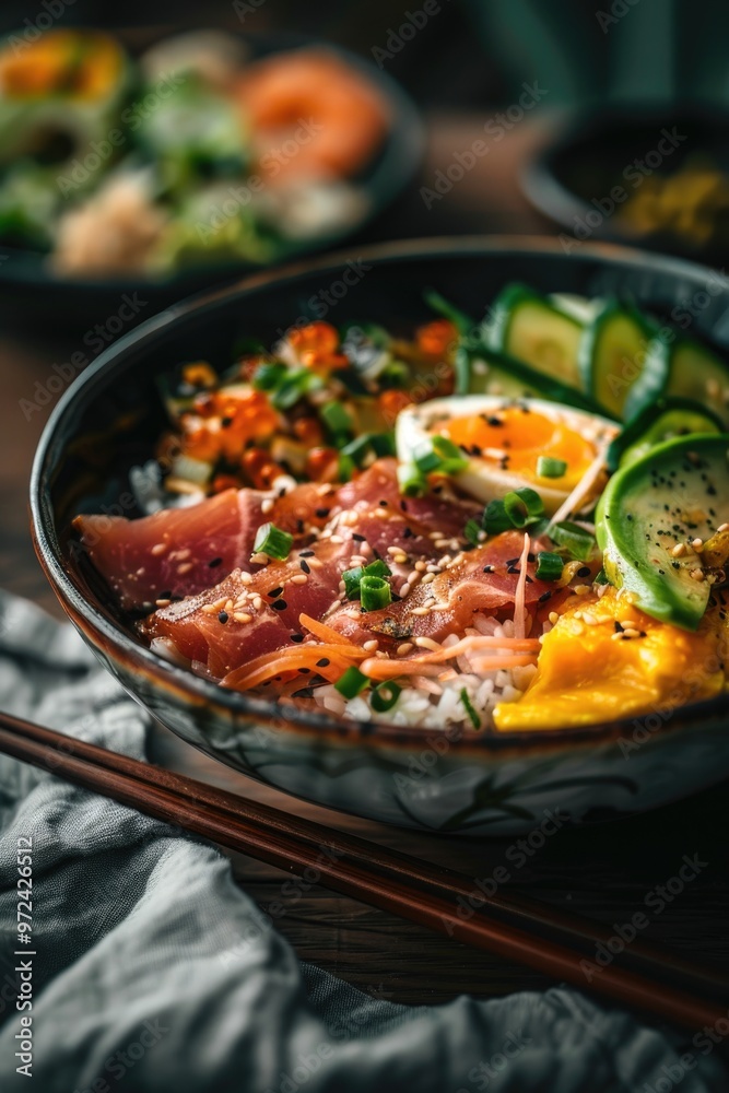 Asian Rice Bowl with Egg, Vegetables, and Chopsticks - Fresh, Vibrant, Healthy Food Asian Rice Bowl with Egg, Vegetables, and Chopsticks - Fresh, Vibrant, Healthy Food