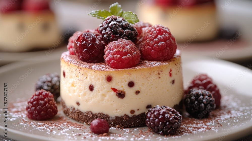 A delicious cheesecake topped with fresh berries and powdered sugar. A delicious cheesecake topped with fresh berries and powdered sugar.