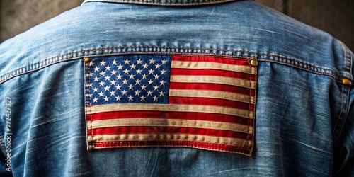 A proud and patriotic close-up of a worn blue denim shirt with a vintage distressed American flag print photo