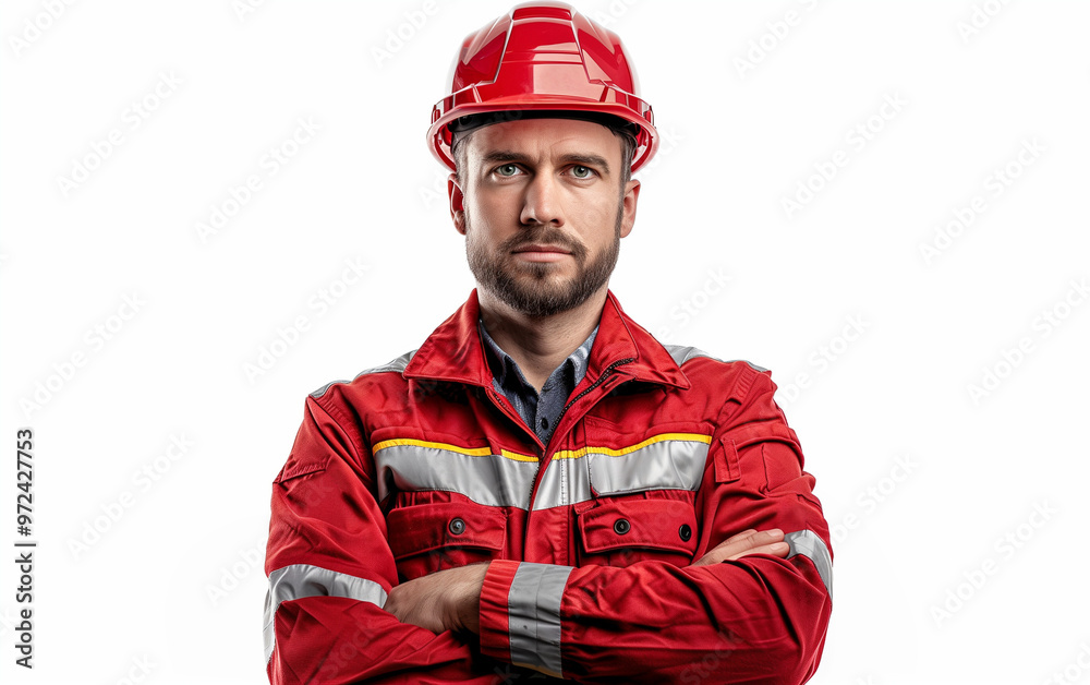 Professional engineer worker in a helmet and red protective workwear uniform holding his hands crossed isolated on white background Professional engineer worker in a helmet and red protective workwear uniform holding his hands crossed isolated on white background