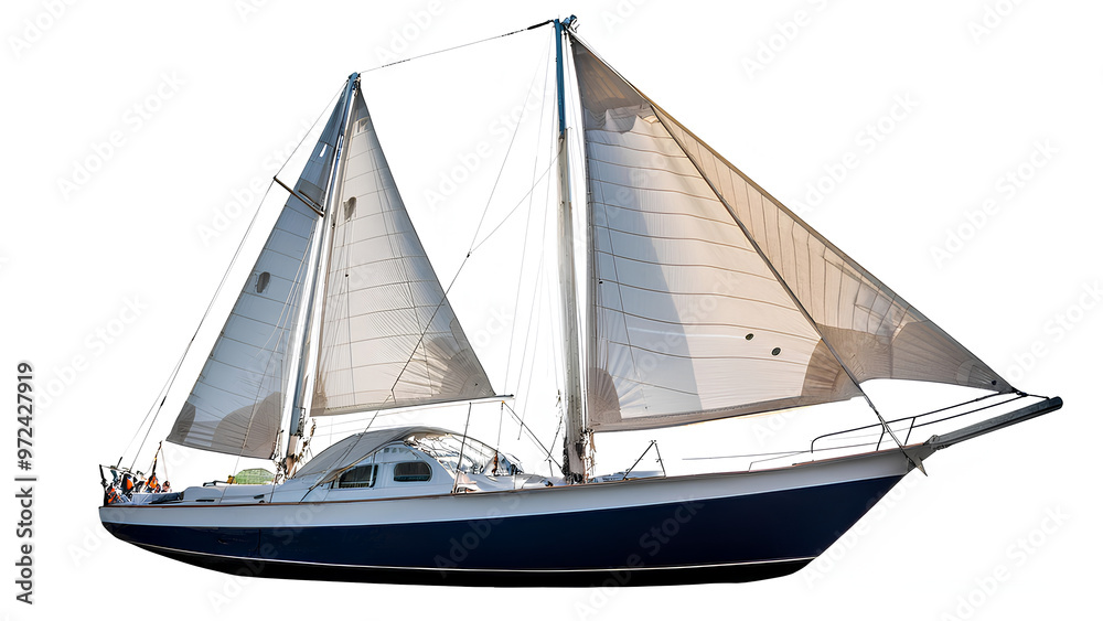 Fototapeta premium Yacht with sail on white background. Sailboat, small vessel, close-up, PNG format.