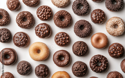 Close-up of various chocolate doughnuts on a white background, top view. Minimalist food photo