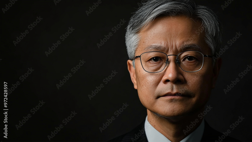 A Taiwanese businessman, dressed in a black suit and wearing thin-rimmed glasses, stares ahead. The atmosphere is dark, with a black background. A Taiwanese businessman, dressed in a black suit and wearing thin-rimmed glasses, stares ahead. The atmosphere is dark, with a black background.