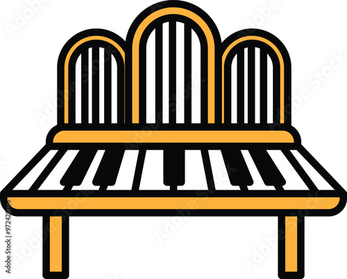 Illustration of a pipe organ in line drawing style.
