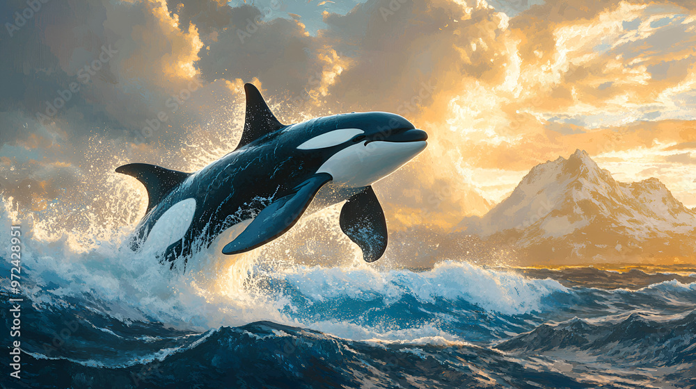 Fototapeta premium A majestic orca breaching the surface of the ocean