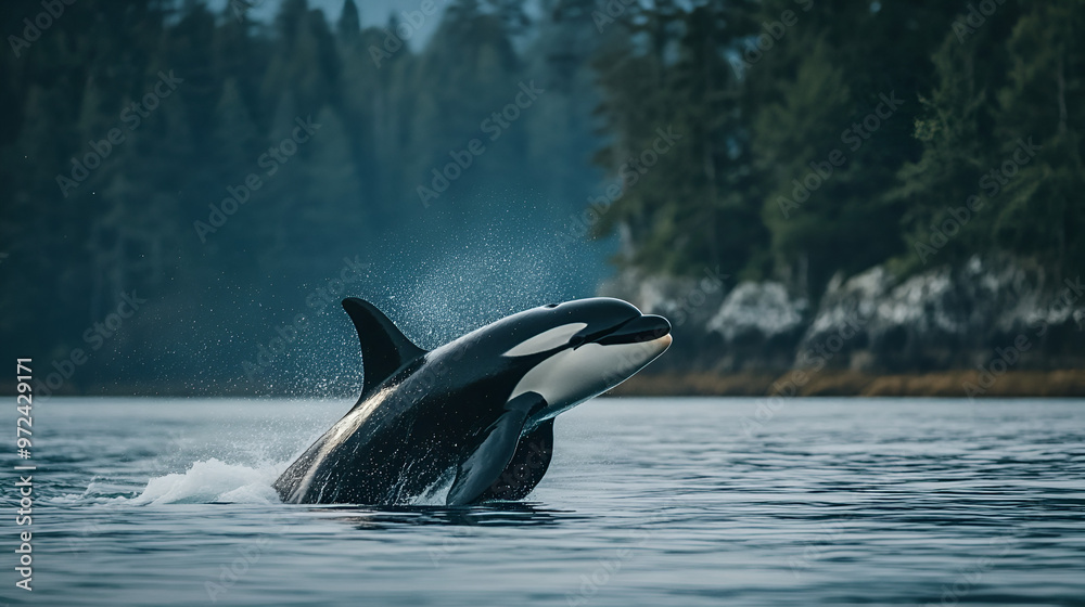 Obraz premium A majestic orca breaching the surface of the ocean