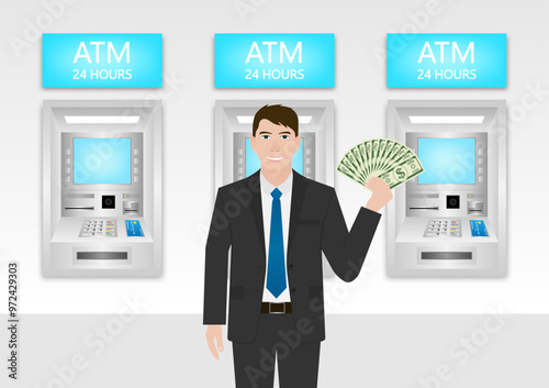 Businessman Withdrawing Money from ATM. Vector Illustration.