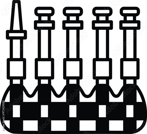 Illustration of a bagpipes musical instrument in line drawing style.