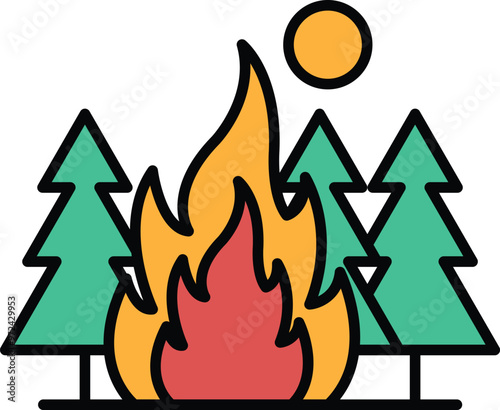 A fire is burning in a forest with trees in the background
