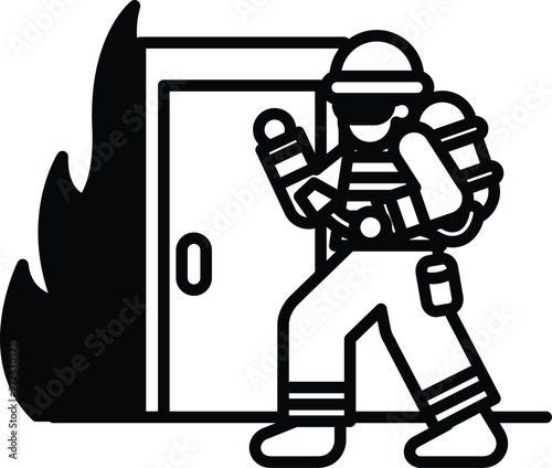 A firefighter is standing in front of a burning door