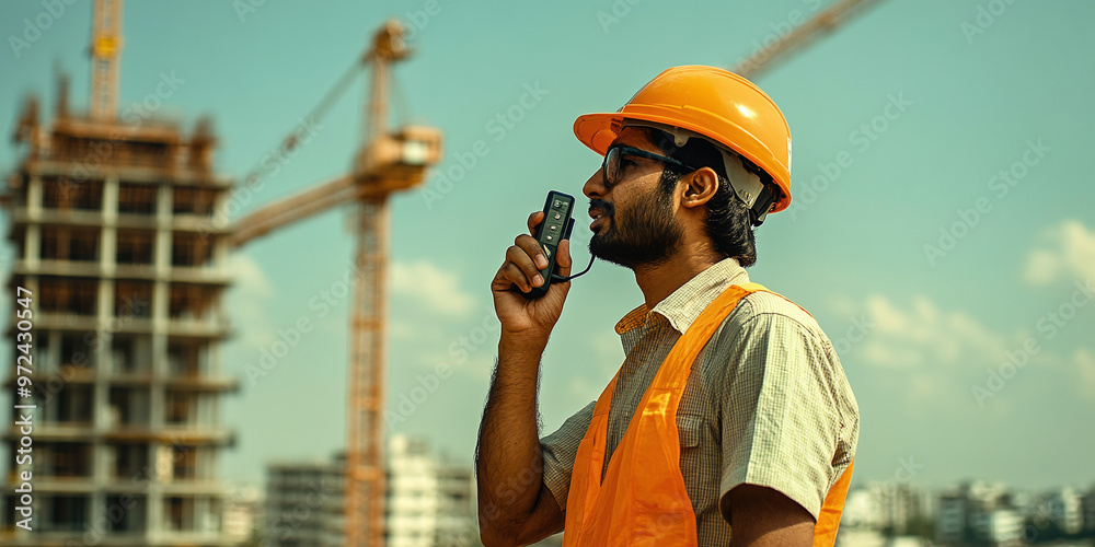An Indian worker-engineer at a construction site controls the operation of a radio. The foreman controls the operation of the tower crane via radio. An Indian worker-engineer at a construction site controls the operation of a radio. The foreman controls the operation of the tower crane via radio.