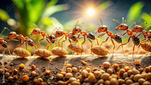 Army of determined ants marching in line, carrying large crumbs and seeds back to their colony, symbolizing teamwork, photo