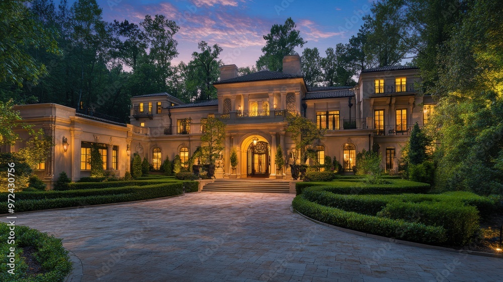 Opulent luxury mansion with a grand entrance, nestled in a serene forest setting.