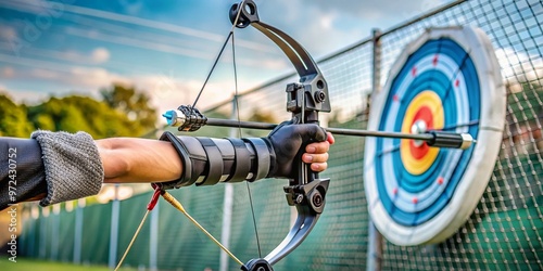 Arrow rest, arm guard, finger tab, and release aid on a recurve bow, with a target and safety photo