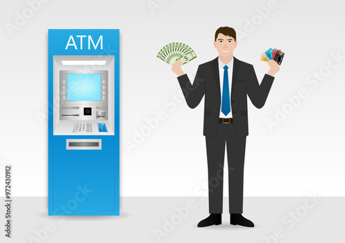 Businessman Using Credit Card to Withdraw Money from ATM. Vector Illustration.