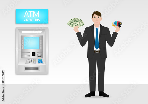 Businessman Using Credit Card to Withdraw Money from ATM. Vector Illustration.