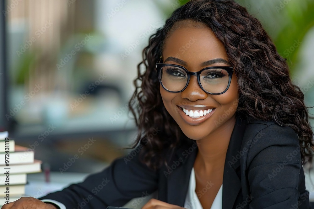 1. Beautiful African American accountant smiling and wearing glasses while working on accounting and tax documents, looking focused at the ledger 1. Beautiful African American accountant smiling and wearing glasses while working on accounting and tax documents, looking focused at the ledger