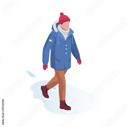 Person wearing winter clothing, including a blue coat, red hat, and gloves, walking on snow. Isometric style on white background. Winter concept. Vector illustration
